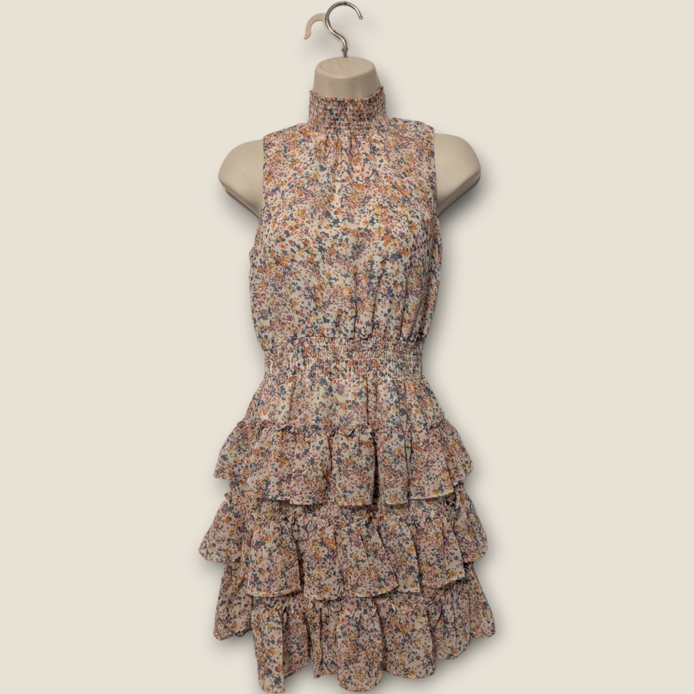 1.STATE Women's Sleeveless Smocked-Neck Ruffled Mini Dress Size Extra Small